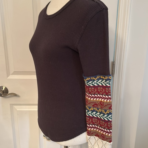 Free People Washed Black Colorful Sleeve Henley Long Sleeve Shirt - Picture 4 of 7